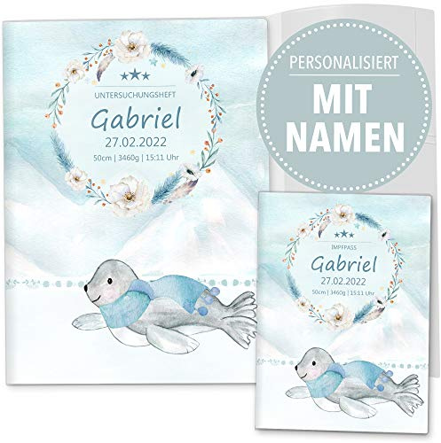 OLGS U-Heft und Impfpasshülle Set | Nordpol | Untersuchungsheft- 3-teilig & Impfpass Hülle personalisierte Geschenke Baby | Babygeschenke zur Geburt (U-Heft Set 3-teilig personalisiert, Robbe)