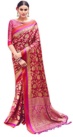 STYLE INSTANT Sari per le donne Banarasi Art seta tessuto sari etnico indiano regalo di nozze sari con camicetta non cucita, Rosso, Etichettalia unica