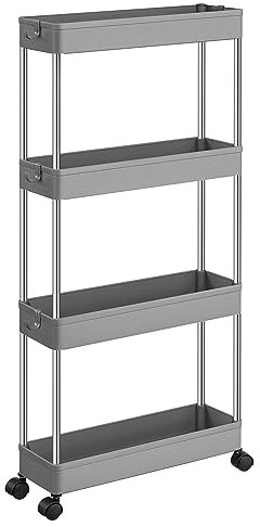 SONGMICS Rollwagen, Küchenwagen, Küchenregal, Nischenregal, mit 6 Haken, 360° drehbare Räder, Stahlgestell, Bad, Küche, Büro, 4 Ebenen, grau KSC008G01