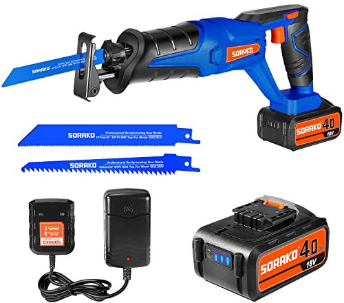 SORAKO Sega a Gattuccio a Batteria, 4.0-Ah Batteria e Caricatore, Velocità Variabile 0-3000spm, 18V Sega per Legno, Taglio di Rami, Potatura, Metallo