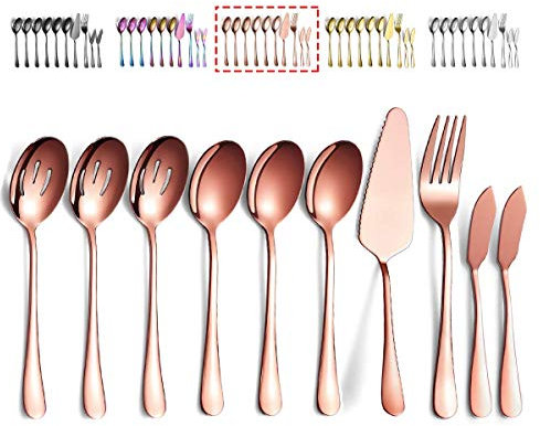 Rose Gold Kyraton Cutlery Set of 10 Pieces - Serving Spoons, Slotted Spoons, Serving Fork, Cake Server, Butter Knife Spreaders
