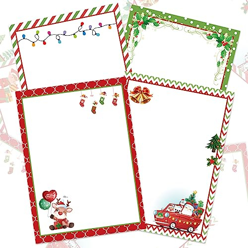 Whaline 60 Sheet Christmas Letter Paper 4 Design Cartoon Stationary Writing Paper Red Green Holiday Letterhead Letter to Santa for Notes Greeting Cards Invitations Office School Printing, 8.5 x 11 In