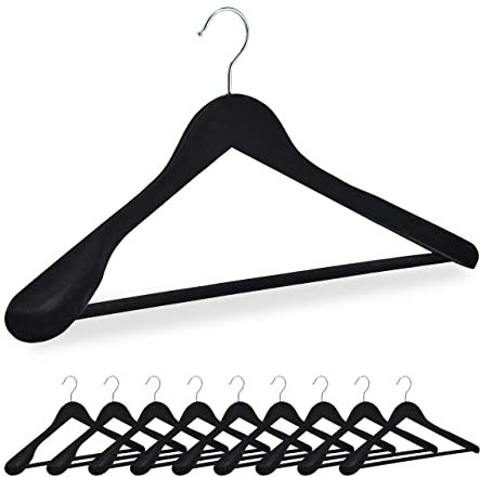 Relaxdays Kleiderbügel Samt, 10er Set, breite Schulter, Bügel mit Hosensteg, 360° drehbarer Haken, Anzugbügel, schwarz