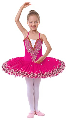 IMEKIS Vestito da Balletto per Ragazze di Fiori Body da Danza Ginnastica Ricamato Senza Maniche con Gonna Tutu Costume da Ballo Principessa da Fata Ballerina Rosa Caldo 4-5 Anni
