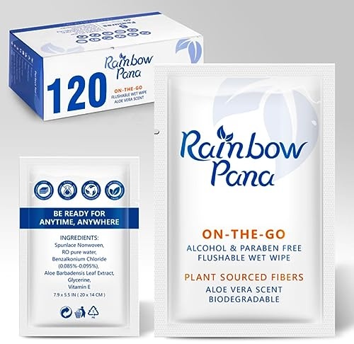 RainbowPana Flushable Wipes - 120 Count, ON-THE-GO Individually Wrapped - Travel Butt Wipes for Men and Women, Family - Infused with Vitamin E and Natural Aloe, pH Balanced, Paraben/Fragrance/Alcohol Free, 100% Plant Sourced Fibers - Cleanse and Moisturize Sensitive Skin - Upgrade Your Bathroom Experience with Biodegradable Wet Wipes