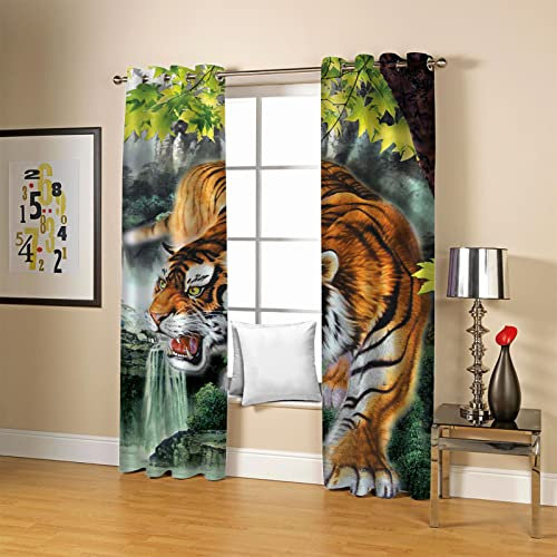 Kinder Gardinen Kinderzimmer Junge Mädchen Blickdicht Dschungel-Tiger-Print 140X160Cm 2Er Set Verdunkelungsvorhang Thermovorhang Hitzeschutz Vorhänge Wohnzimmer Schlafzimmer Vorhänge Mit Ösen