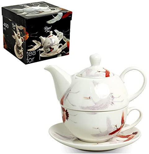 Luxury - Teiera - 3 pezzi - Tea for one - Set da tè giapponese - Uccello gru - 100% porcellana - Fatto a mano - Teiera a doppia parete
