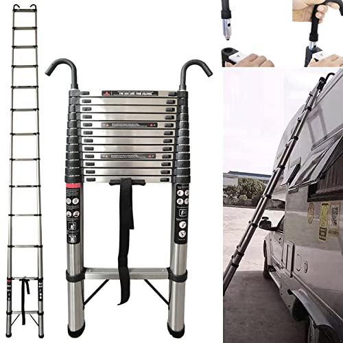 5M Telescopic Ladder Extendable Ladder Multi-Purpose Folding Ladder with Detachable Ladder Hooks, Heavy Duty Stainless Steel Extension Roof Ladder, Max Load 330Lbs Telescoping 12 Steps Loft Ladder