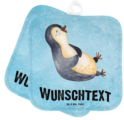 Mr. & Mrs. Panda Personalisierte Topflappen Pinguin Lachen - Geschenke, mit Namen, LOL, Set Personalisiert, Haha, Namensaufdruck, Topfuntersetzer, Humor, Pinguine, Optimismus, Freude