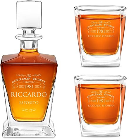 Maverton caraffa per whisky da 800 ml con incisione + 2/4/ 6 bicchieri - Decanter per whisky in vetro - Incisione personalizzata - Set per il whisky per Lui per compleanno - Limited