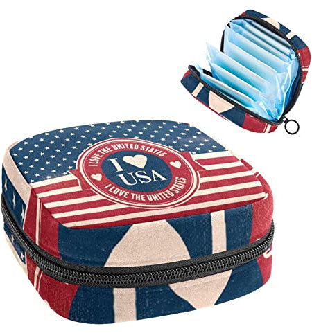Perioden-Tasche, tragbare Tampon-Aufbewahrungstasche für Damenbinden, I Love USA American Flag Stripe Star, Mehrfarbig, 4.7x6.6x6.6 in/12x17x17 cm