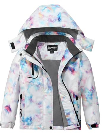 Spmor Girls' Waterproof Ski Jacket Warm Coat Windproof Winter Snowboarding Jacket Purple Flower 14-16