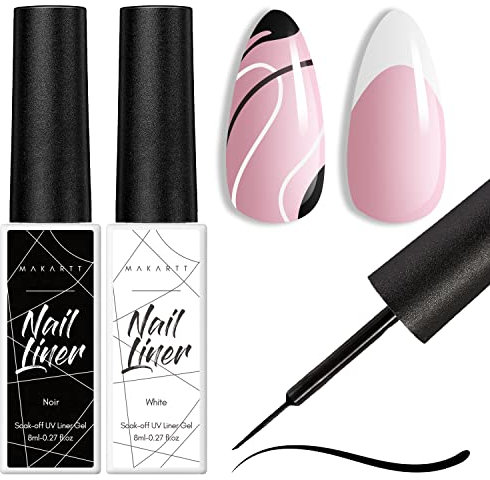 Makartt Gel nagellack Liner-Set 2 * 8ML Schwarz & Weiß, Zweifarbiges französisches Gel liner nail art für den DIY-Salon Nagel Design,UV-härtendes Nail polish eingebautes dünnes Pinsel-Maniküre-Set