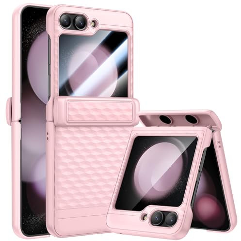 HWeggo Case for Samsung Z Flip 5 with Built-in Tempered Glass Screen Protector& Hinge Protection,Slim Fit Non-Slip Stylish Texture Shockproof Rugged Phone Protective Cover for Galaxy Z Flip 5,Pink…