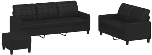 vidaXL Sofagarnitur 3-TLG., Sessel Couch mit Kissen Fußhocker, Sofa Wohnzimmersofa mit Armlehnen, Couchgarnitur Designsofa Sitzmöbel Polstermöbel, Schwarz Kunstleder
