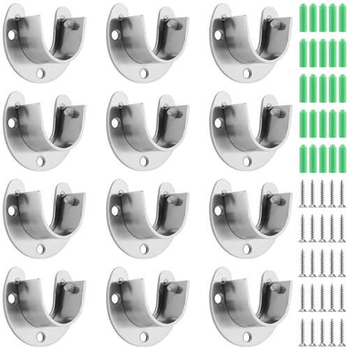 YUENPUN 12 PCS Flange Rod Holder, 25mm Wardrobe Rail Bracket, Stainless Steel Wardrobe Closet Pole Sockets, U Shaped Rod Holder for Wardrobe Curtain