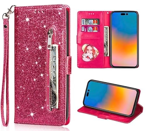 FERLAN Handyhülle für Google Pixel 6a Hülle,Flip Case Lederhülle Reißverschluss Magnetverschluss Brieftasche mit 3 Kartenfächern Standfuntion Retro Matt Ledertasche,Glitzer Rosenrot