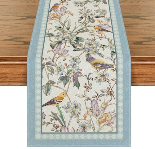 Artoid Mode Blue Birds Flowers Blossom Table Runner, Seasonal Spring Floral Kitchen Dining Table Decoration for Home Party Decor 13x72 Inch
