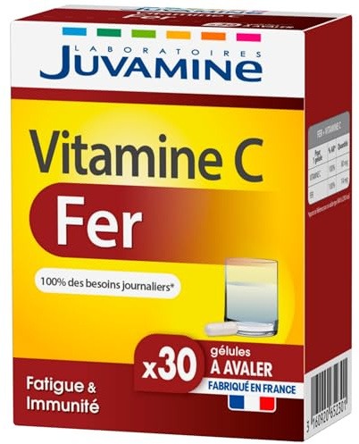 JUVAMINE Fer + Vitamine C - Anti-Fatigue, Absorption, Lipofer® - 30 Gel | Système Immunitaire Renforcé, Soutien de la Production des Globules Rouges, Assimilation Optimisée, Fabriqué en France
