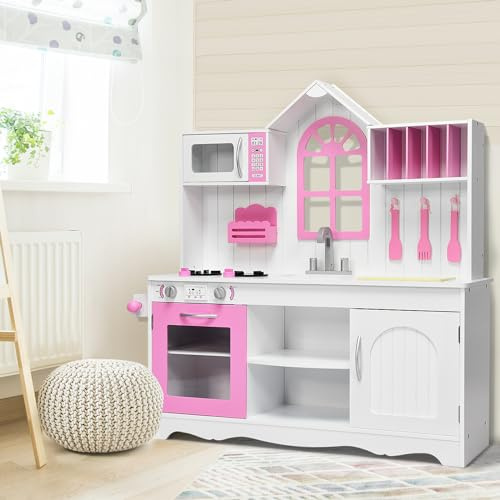 GYMAX Cucina Giocattolo per Bambini in Legno, Gioco Cucina con Accessori, Set da Gioco per Bambini con Luci e Suoni, Kit da Cucina Montessori con Forno dai 3 Anni+, 106,5 X 32 X 109 CM (Stile 4)