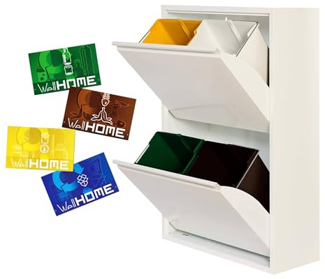 WELL HOME MOBILIARIO & DECORACIÓN Cubo de basura y reciclaje Metálico de 4 compartimentos + 4 etiquetas magnéticas, 4x17L (68L) Blanco mate