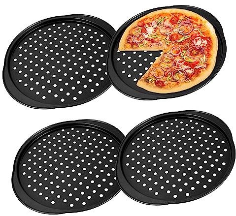 TOPBATHY 4pezzi Teglie Per Pizza Rotonde Antiaderenti in Acciaio Al Carbonio Con Fori Per Circolazione Aria Di Teglie Da Forno Con Manico Per Facile Impugnatura Per Cucina e Ristorante