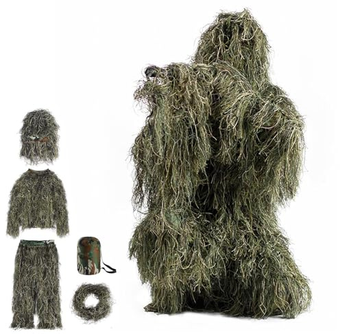 HAZARA 5 in 1 Ghillie Suit Ropa De Caza De Camuflaje 3D Disfraz De Arbusto Incluyendo Chaqueta,Pantalones,Capucha,Bolsa De Transporte para Fotografía De Caza Al Aire Libre,Forestgreen-Adults