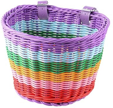Regenbogen-Fahrradkorb für Kinder, Fahrradkörbe für Jungen und Mädchen, Regenbogen-Lenker-Fahrradkorb mit Fahrradklingel für Mädchen, Fahrradzubehör, violetter Vorderradkorb für Kinderfahrrad oder