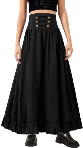 FEOYA Abito Vittoriano Gothic Gonna Lunga Steampunk Donna Skirt Rinascimentale Vintage Gonna A-Linea Boemia Gonne Gypsy Cosplay Larp Costume Nero XXL
