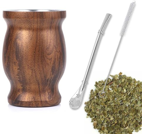 Sinzau Mate Becher und Tee Set mit Strohhalmlöffel und Reinigungsbürste, 230ml Mate Gourd Set für Tee, Kaffee, Milch und Saft (Farbe der Holzmaserung)