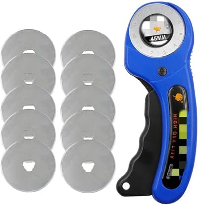 HEXHUASR Lederhandwerk, 45 mm Rollschneider, Leder-Schneidewerkzeug, Lederhandwerk, Stoff, Rundmesser, Messer, DIY, Patchwork, Nähen, Quilten(Cutter with 10 blade-03)