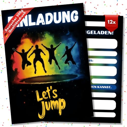 HIDEBLOOM Jump Party Einladungskarten Kindergeburtstag Junge - 12 Stück - DIN A6 (10,5 cm x 14,8 cm) - Einladungskarten Kindergeburtstag Mädchen - Einladung Jump Party - Geburtstagseinladung Jumphouse
