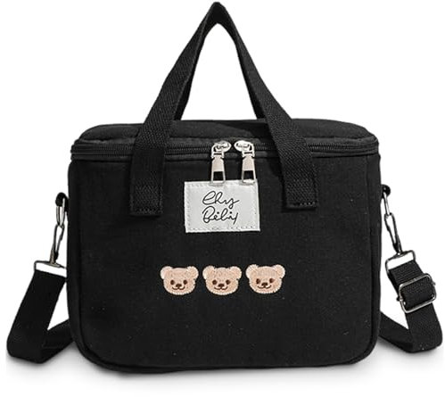 Muzrunq Sac à lunch pour enfants, sac à lunch isolé de grande capacité, sac à lunch mignon avec poignée supérieure et sangles réglables, boîte à lunch kawaii pour le travail/voyage/bureau noir