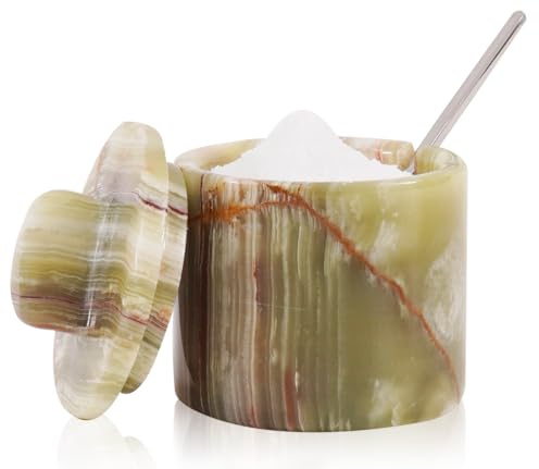 SPESHSTONES Bodega de sal de mármol con tapa y cuchara, recipientes pequeños de condimentos verdes hechos a mano de 4 pulgadas, tarros decorativos para especias, azucarero y salero escamoso para