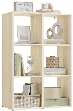 WOLTU Bücherregal mit 6 Würfeln, Würfelregal Standregal, Regal für Wohnzimmer Arbeitszimmer Schlafzimmer Büro, 60x89,5x29 cm, helle Eiche, SK054hei