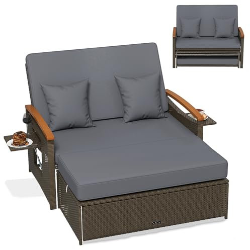 COSTWAY 3 in 1 Polyrattan Sonnenliege, Gartenliege mit Verstellbarer Rückenlehne & ausklappbarem Seitenablage, Loungebett, Doppelliege mit Auflage, Gartensofa mit Hocker für Garten, Terrasse (Grau)