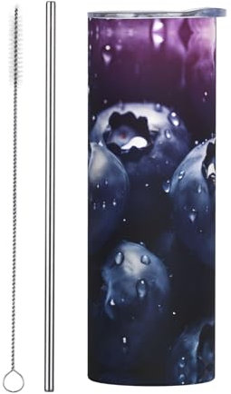 PHAYAH Big Blueberry Verre isolé en acier inoxydable avec couvercle, paille et brosse sorbet 20 oz