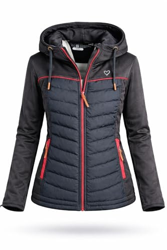 alife & kickin Jacke ColbieAK Damen Softshelljacke, Steppjacke Schwarz mit Roten Akzenten, Gesteppte Hybrid-Jacke mit Kapuze Gr. XL