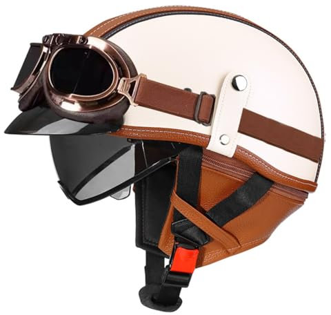 Casco Jet Moto Vintage Omologato ECEDOT Mezzo Pelle Casco Da Motociclista Caschi Cromwell Con Occhiali Portatile Casco A Scodella Per Uomo Donna Scooter Street Cruiser 5,M:57-58CM