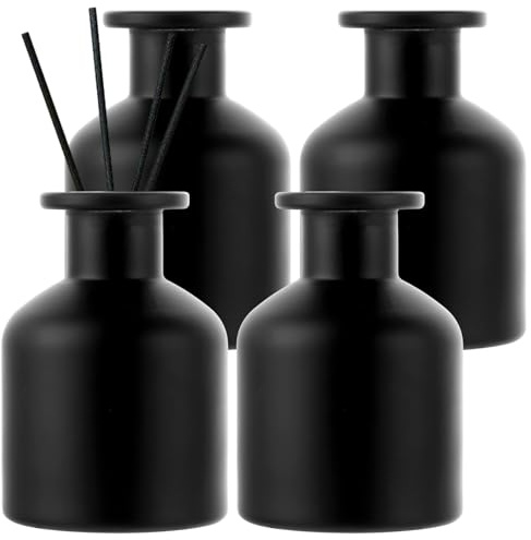 LOLYSIC Flacon Diffuseur Vide 150ml Lot de 4, Bouteilles de Parfum en Verre Noir Mat (Sans Bâtonnets), Diffuseur à Bâtonnets pour Décoration Maison, Salon et Salle de Bain, 9.8x6.8cm