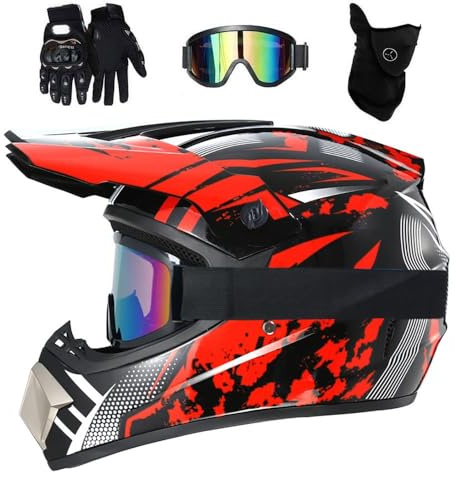 Gioventù Bambini Casco da Motocross, con Occhiali Guanti Maschera, Unisex Comodo Integrale Fuoristrada ATV Scooter Moto Caschi, Discesa Enduro BMX MTB Dirt Bike Incidente Casco(Red,S/52-53CM)