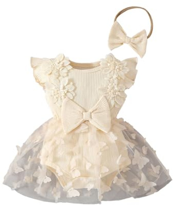 HEOXIN Baby Mädchen Strampler Kleid, Rüschen Ärmellos Kleid aus Mesh Tüll mit 3D Schmetterlings + Stirnband Schleife, Neugeborenen Kleidung Mädchen für Sommer, Weiß 0-3 Monate