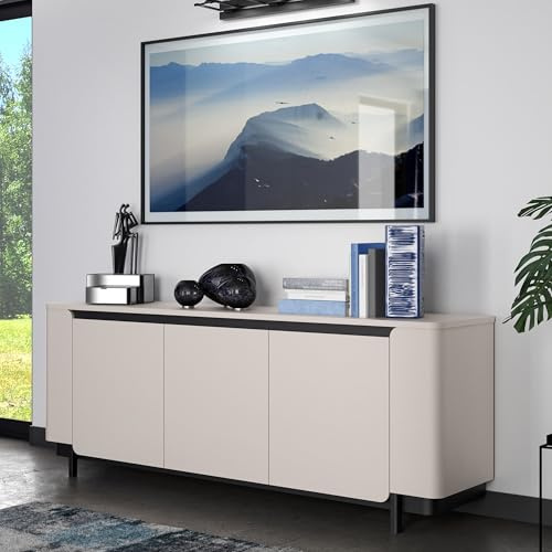 Forte VODOL Sideboard 200 210, modernes Sideboard mit 3 Schranktüren und abgerundetem Eckendesign, Holzwerkstoff, Kaschmir|Beige, 204,9 cm breit x 77,9 cm hoch x 44,8 cm tief