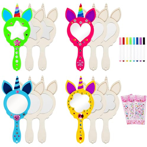 SZHUGEKI 12 Stück Holzspiegel, DIY Spiegel Zum Bemalen , Einhorn Spiegel, Mini Holz Prinzessin Spiege, Holz Basteln, Unvollendete Handspiegel, Ggeeignet für Einhorn Party, Bastelpartys