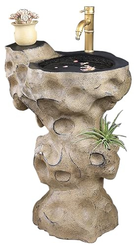 Lavandino da Esterno con Piedistallo, Lavatoio Ceramica Indipendente in Ceramica con Design Effetto Pietra, Lavandino da Esterno per Lavarsi le Mani per Casa