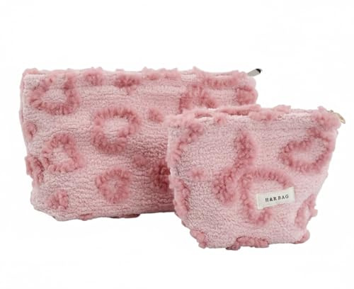 2pcs Set de Bolsas de Maquillaje de Lona con Estampado de Corazón, Neceser de Viaje Multifuncional con Cremallera para Mujeres - Gran Capacidad, Portátil - Incluye Neceser Grande y Pequeño