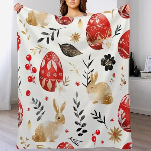ArogGeld Watercolor Bunny Colorful Floral Flannel Fleece Throw Blanket Rabbit Easter Eggs Wildflowers Flannel Fleece Blankets Cosy Soft Warm Sofa Throw 30x40in Birthday