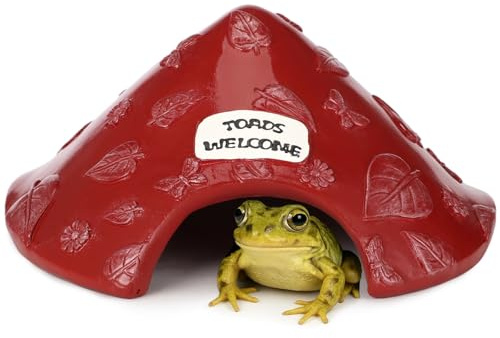 Resin Toad House, Outdoor Frog Hide Cave, Garden Pond Aquarium Decor, Reptile Hideout with Floral & Welcome Sign, Turtle Gecko Lizard Amphibian Habitat, 8.1 x 7.3 x 5.1 in, Brown