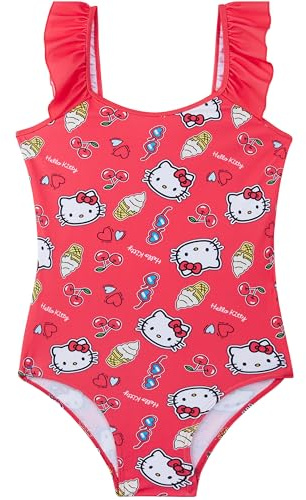 Hello Kitty Sanrio Bañador Niña UPF 50+, Bañadores Una Pieza con Volantes, 5-14 Años, Traje de Baño Verano Piscina Playa (5-6 Años, Rojo Hello Kitty)