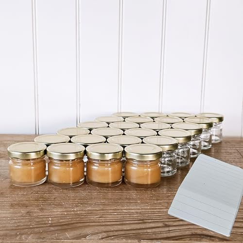 OOPS TOYS 24er Set Einmachgläser 30 ml Mini mit Deckel Gold - Marmeladengläser mit Schraubdeckel - Mini Einweckgläser mit Etiketten - Kleine Gläser, Marmeladengläser (Gold, 24 Stück)